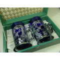 Set of 2 Vintage art deco Cobalt Blue Glass Mugs with metal Nude Lady Handles - Original display Box