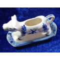 Vintage delft style blue and white, Cow shaped Creamer with tray