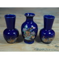 Set of three Vintage small Blue glazed Peacock Vases