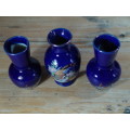 Set of three Vintage small Blue glazed Peacock Vases