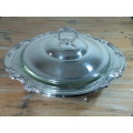 Large silverplated footed Serving Dish with glass bowl inner and silverplated lid, EPNS, 26cm diam