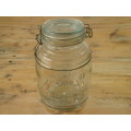 Large clear glass barrel shaped Cookie Jar with rubber seal lid, Vintage
