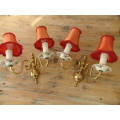 A pair of vintage Italian style Porcelain and Brass wall sconces with shades. Set of two - working