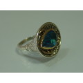 Chunky and heavy silver and Gilded Ring set with blue stone, 10.1grams