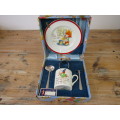 Vintage rare Peggy Gibbons Boxed Childrens meal set, porcelain and silver plated, mint