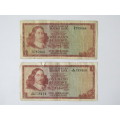 2 x Old SA R1 Bank note, TW de Jongh and Rissik, Z and A series