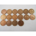 Consecutive series of 16 x 1/4d 1/4 penny coins, 1942 to 1959, excellent condition, others available