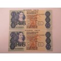 Lot of 2 South African R2 bank notes, Gerhard de Kock. With consecutive numbers, uncirculated