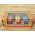 Boxed set of 3 vintage wind up tin Cars, Fire car, Taxi and Police car with winding keys mint in box