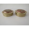 2 x Vintage solid brass hand decorated lidded containers, 55mm diameter