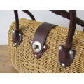 Vintage Wicker and Leather Hand bag, 30cm x 18cm x 11cm