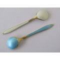 Lot of 2 vintage gold plated solid sterling Silver and enamel Small Spoons, 8 grams (Value R200+)