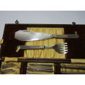 Vintage complete Cased 14 piece EPNS Fish serving Set with Knives, Forks and Servers, resin Handles