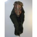 Very rare and scary Antique wooden African Mask with real Hair and antique cloth, 30cm x 16cm