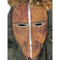 Very rare and scary Antique wooden African Mask with real Hair and antique cloth, 30cm x 16cm