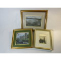 Vintage lot of 3 silk art paintings, framed and glass, excellent condition