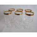 Exquisite set of 6 Cut Crystal Stemmed glasses with heavy gold trim, mint and unused condition