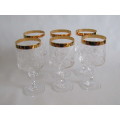 Exquisite set of 6 Cut Crystal Stemmed glasses with heavy gold trim, mint and unused condition