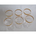Exquisite set of 6 Cut Crystal Stemmed glasses with heavy gold trim, mint and unused condition