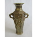 Vintage / antique Oriental solid Brass two - handled Vase with embossed stamp, raised detail, 26cm