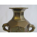 Vintage / antique Oriental solid Brass two - handled Vase with embossed stamp, raised detail, 26cm