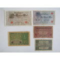 Lot of 5 WW1 German Emergency Money (Not Geld) Bank Notes, 1000,100,50,20 and 10, 1908,10,18,19 & 20
