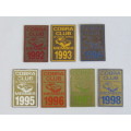 Lot of 7 original brass Cobra Club Badges, 1992 to 1998, excellent condition, 3.5cm x 5cm