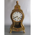 Large 1950's wooden Mantle Clock, painted and decorated in gold, porcelain Dial, working, 45cm tall