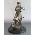 Large and heavy vintage Metal Sculpture of a Boy Fishing, Marble Base, excellent condition, 34cm