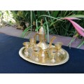 Small brass Ornamental tray, goblets and Turkish kettle