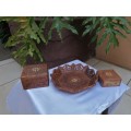 3 Beautiful carved inlayed Jewelry boxes and plate.