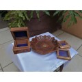 3 Beautiful carved inlayed Jewelry boxes and plate.