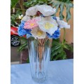 Lovely Tallish glass vase with beautiful pottery flowers