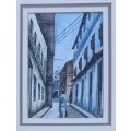 Original framed watercolour painting of a street scene