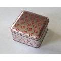 Silver tin with red hearts as per photos