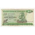 1994 Reserve Bank of Zimbabwe, Pick #2e Signature 3 - L Tsumba, Type B watermark, $5