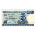 1983 Zimbabwe, Harare, Signature 2 - K. Moyana, Type B watermark Pick#1b 2 Dollars