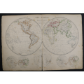 1859 The World In Hemispheres, With Other Projections Map by Edward Weller- Has a tear in the bottom