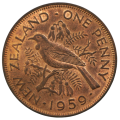 1959 New Zealand One Penny, Shoulder Strap variety KM#24.2