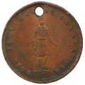 1852 Upper Canada Quebec Bank Token 1 Penny Holed, 480k Minted KM#Tn21
