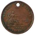 1852 Upper Canada Quebec Bank Token 1 Penny Holed, 480k Minted KM#Tn21