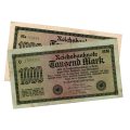 1923 German Berlin Reichsbanknote Pair of 2 Varieties of 1000 Marks, Pick#76a White paper, Pick#76g