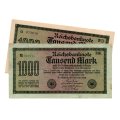 1923 German Berlin Reichsbanknote Pair of 2 Varieties of 1000 Marks, Pick#76a White paper, Pick#76g