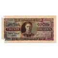 Filler 1942 Ceylon 25 Cents Pick#44a (left corners torn)