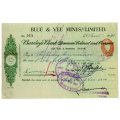 1941 Southern Rhodesia, Barclays Bank - Blue & Vee Mines, Limited Cheque issued for 10 Shillings, st