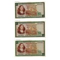 3 x 1966 South Africa G Rissik Type 5, Second Issue R10 Notes (2 in Afr, 1 Eng)
