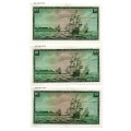 3 x 1966 South Africa G Rissik Type 5, Second Issue R10 Notes (2 in Afr, 1 Eng)