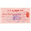 1953 Southern Rhodesia, Barclays Bank - C. L. de Beer. Ltd Anzac Mine, Cheque issued for £1 and 11 S
