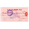 1953 Southern Rhodesia, Barclays Bank - C. L. de Beer. Ltd Anzac Mine, Cheque issued for £2 and 10 S