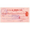 1953 Southern Rhodesia, Barclays Bank - C. L. de Beer. Ltd Anzac Mine, Cheque issued for £19 and 1 S
